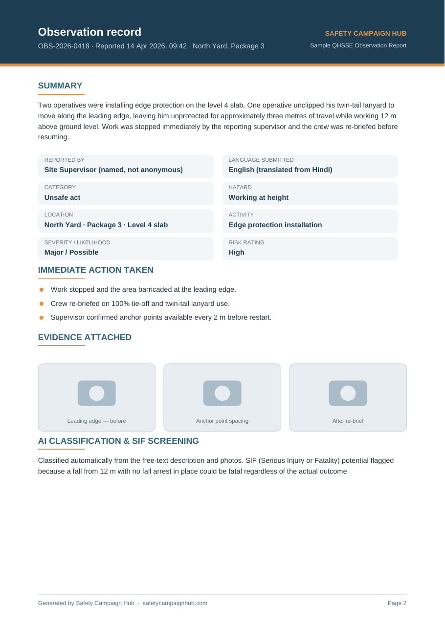 Sample QHSSE observation report — Observation record